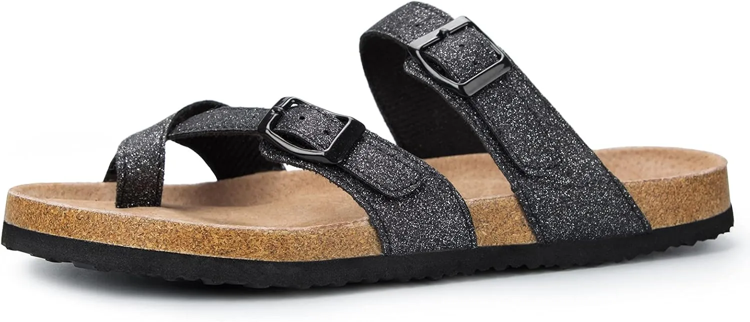 mysoft Women's Cork Footbed Sandals Double Adjustable Buckle Slide Sandals Slip On Walking Summer Shoes