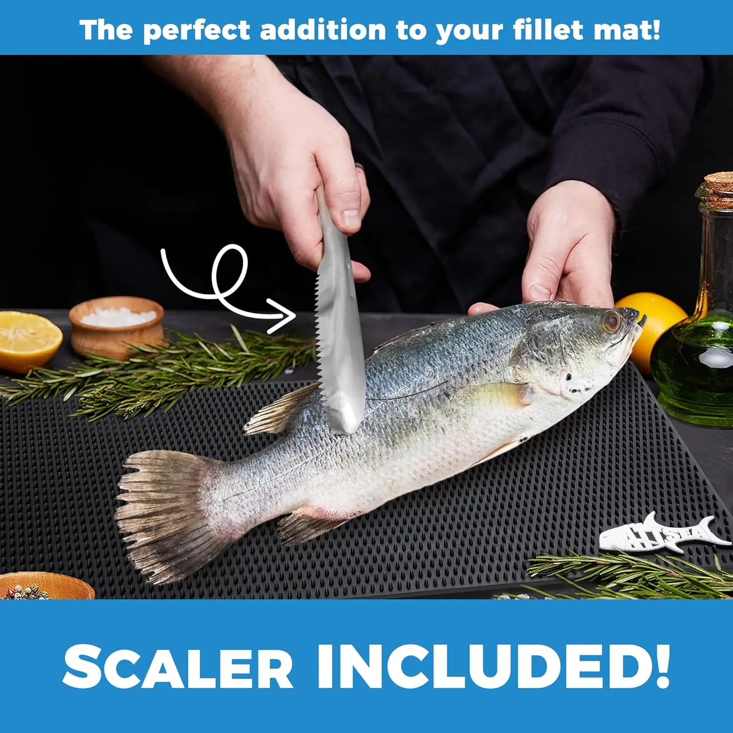Non-Slip Fish Fillet Mat Regular L Size 23.5" x 15.75" ! for The Big Fish Stainless Fish Scaler Included (Black, Regular Large)