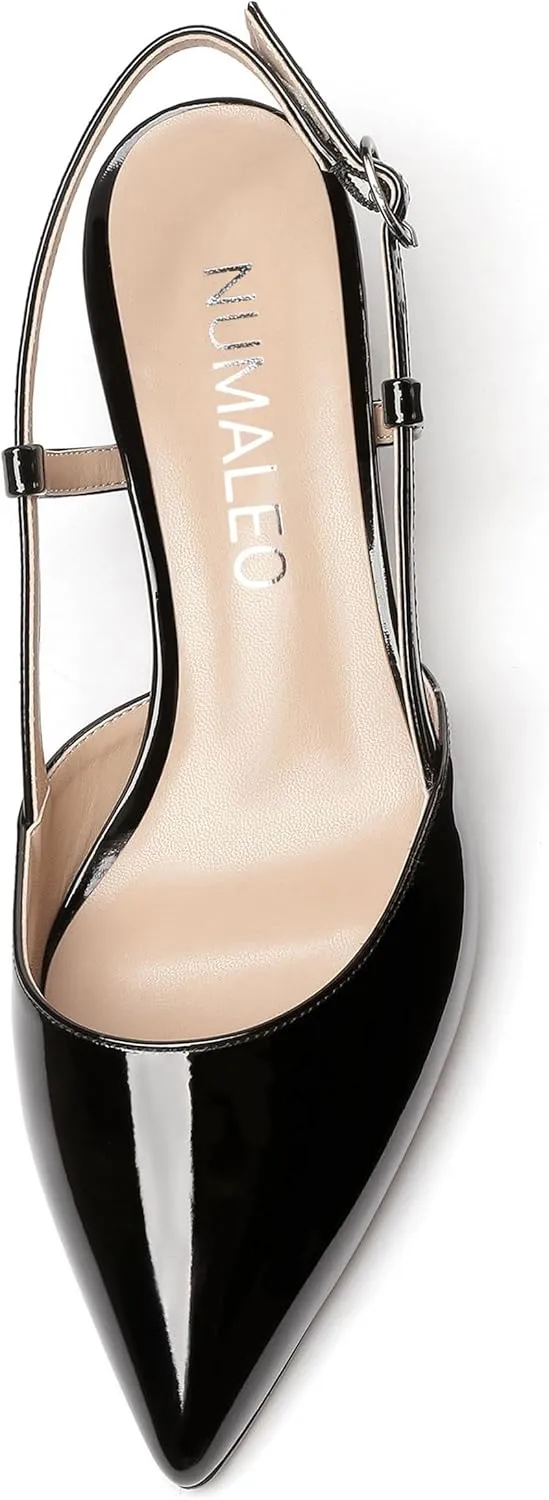 NUMALEO Womens Pointed Toe Buckle Fashion Patent Wedding Dress Slingback Kitten Low Heel Pumps Shoes 2 Inch