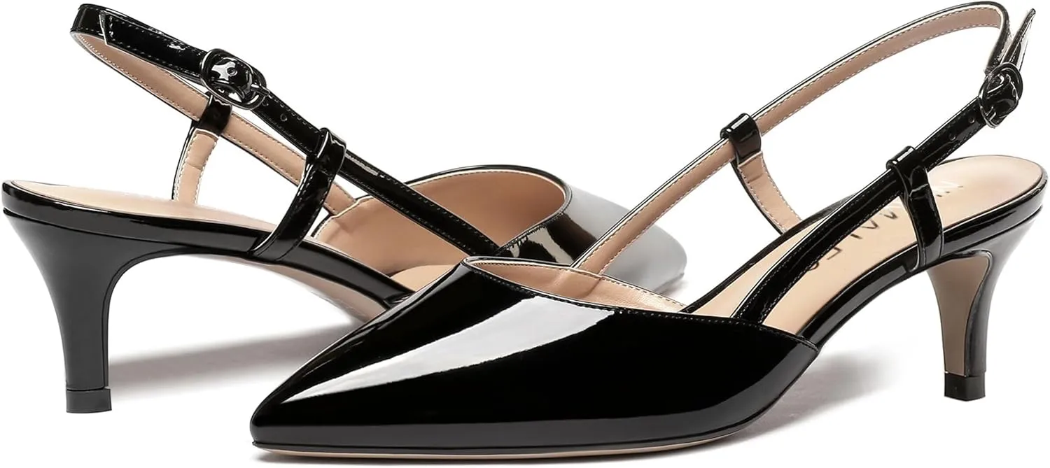 NUMALEO Womens Pointed Toe Buckle Fashion Patent Wedding Dress Slingback Kitten Low Heel Pumps Shoes 2 Inch