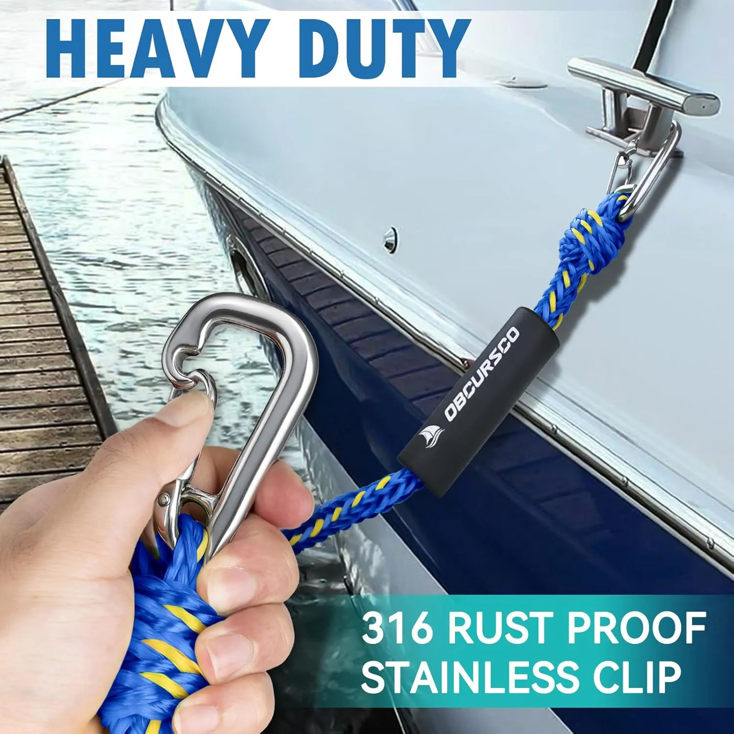 Obcursco Bungee Dock Line, Jet Ski Dock Line with Double 316 Stainless Steel Clips, Boat Snubber Docking Rope for PWC, Boat Accessories for Waverunner, Seadoo, Kayak, 2 Pack 6-9ft Yellow & Blue