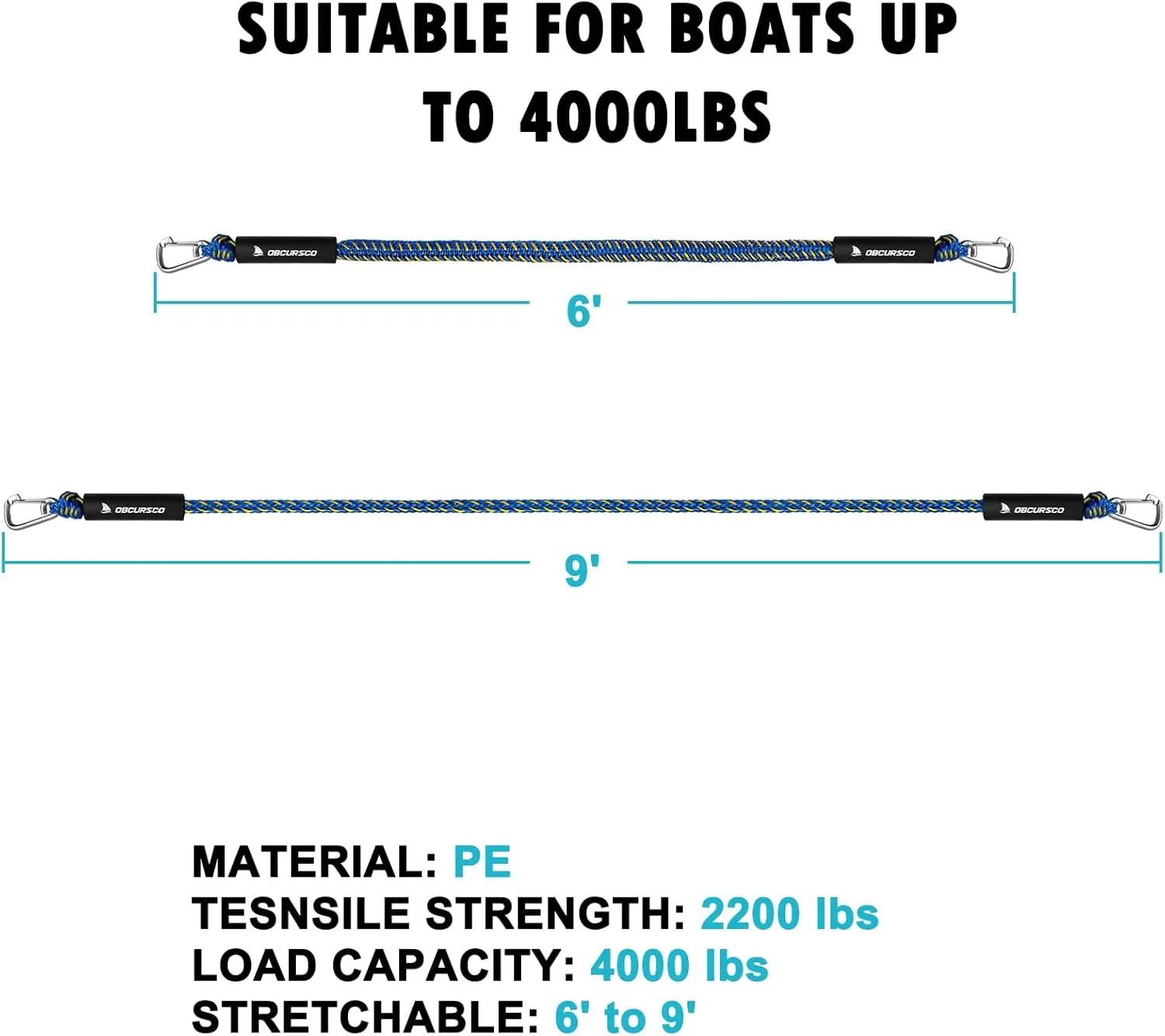 Obcursco Bungee Dock Line, Jet Ski Dock Line with Double 316 Stainless Steel Clips, Boat Snubber Docking Rope for PWC, Boat Accessories for Waverunner, Seadoo, Kayak, 2 Pack 6-9ft Yellow & Blue