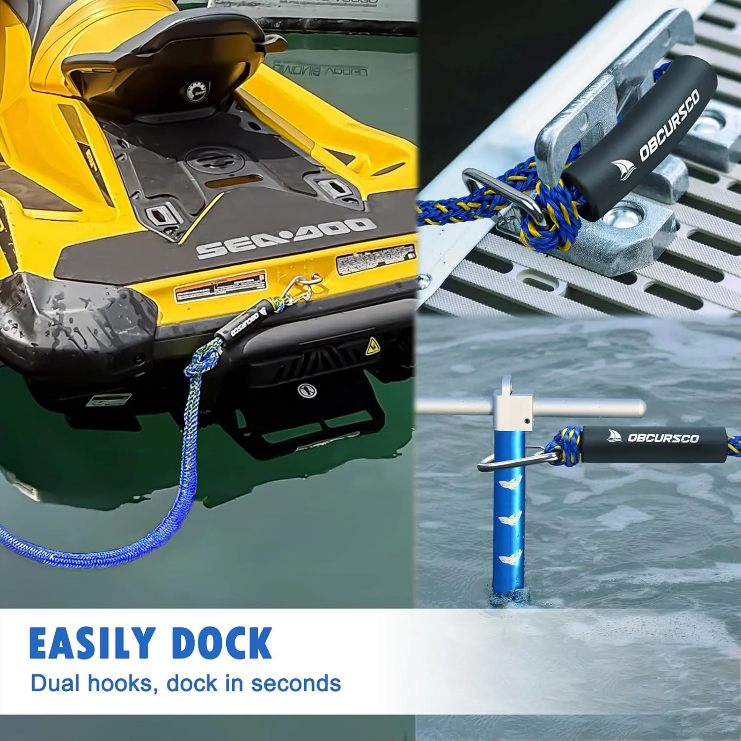 Obcursco Bungee Dock Line, Jet Ski Dock Line with Double 316 Stainless Steel Clips, Boat Snubber Docking Rope for PWC, Boat Accessories for Waverunner, Seadoo, Kayak, 2 Pack 6-9ft Yellow & Blue