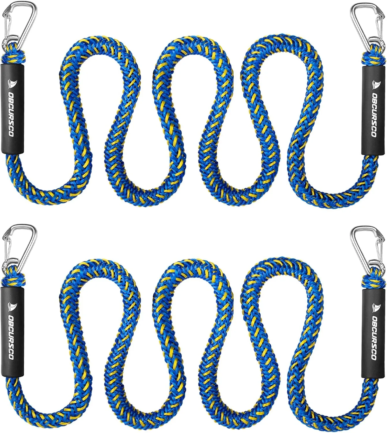Obcursco Bungee Dock Line, Jet Ski Dock Line with Double 316 Stainless Steel Clips, Boat Snubber Docking Rope for PWC, Boat Accessories for Waverunner, Seadoo, Kayak, 2 Pack 6-9ft Yellow & Blue