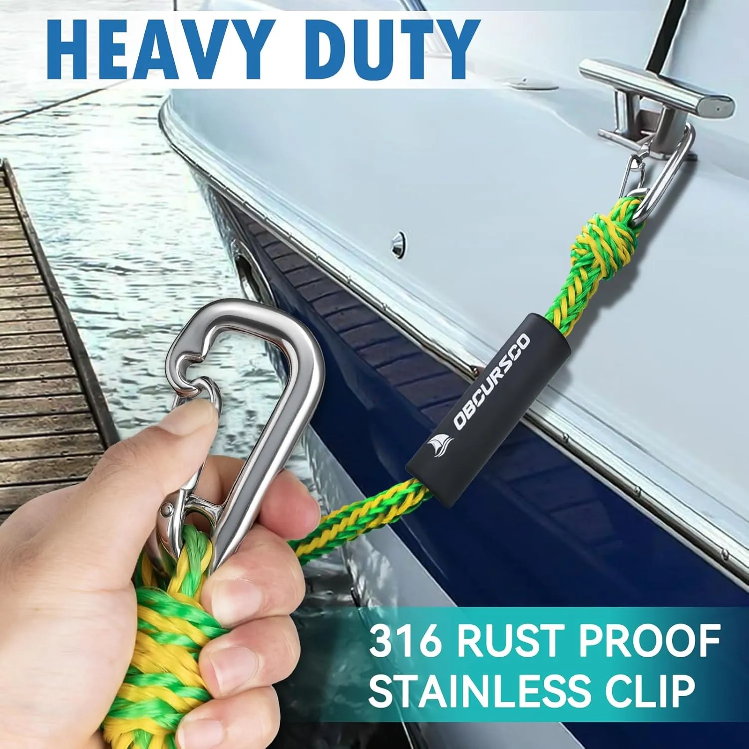 Obcursco Bungee Dock Line, Jet Ski Dock Line with Double 316 Stainless Steel Clips, Boat Snubber Docking Rope for PWC, Boat Accessories for Yamaha Waverunner, Seadoo, 2 Pack 4-5.5ft Yellow & Green
