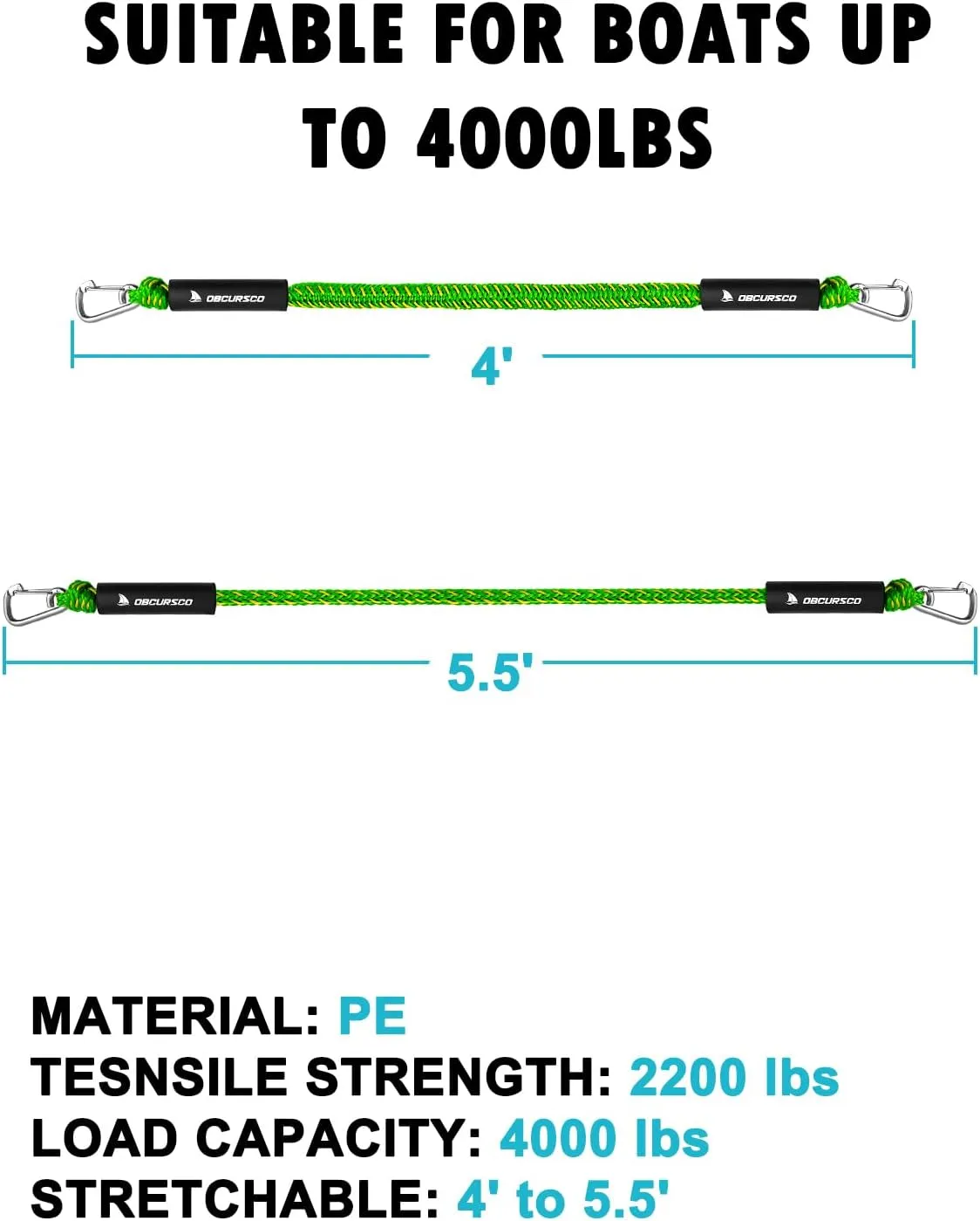 Obcursco Bungee Dock Line, Jet Ski Dock Line with Double 316 Stainless Steel Clips, Boat Snubber Docking Rope for PWC, Boat Accessories for Yamaha Waverunner, Seadoo, 2 Pack 4-5.5ft Yellow & Green