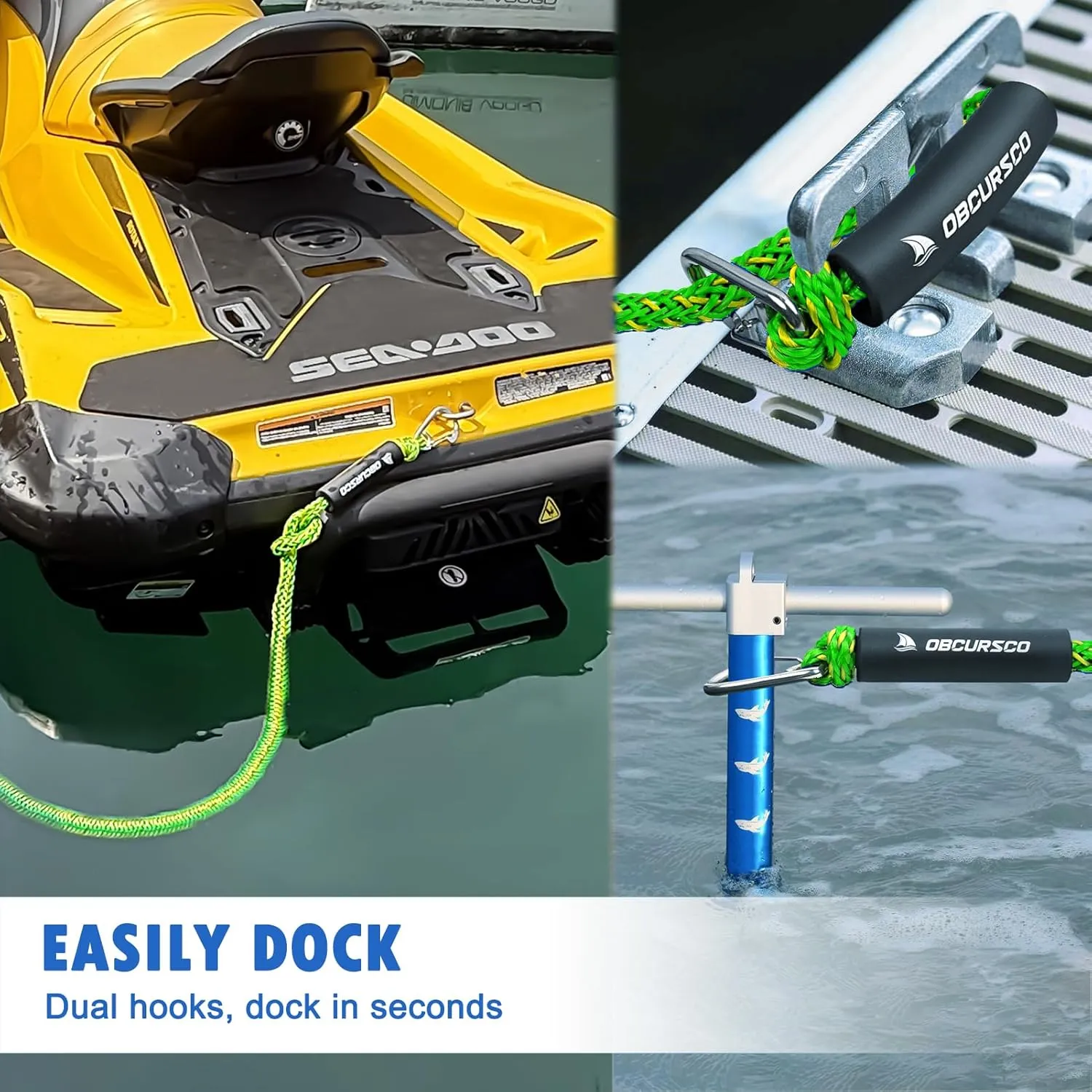 Obcursco Bungee Dock Line, Jet Ski Dock Line with Double 316 Stainless Steel Clips, Boat Snubber Docking Rope for PWC, Boat Accessories for Yamaha Waverunner, Seadoo, 2 Pack 4-5.5ft Yellow & Green