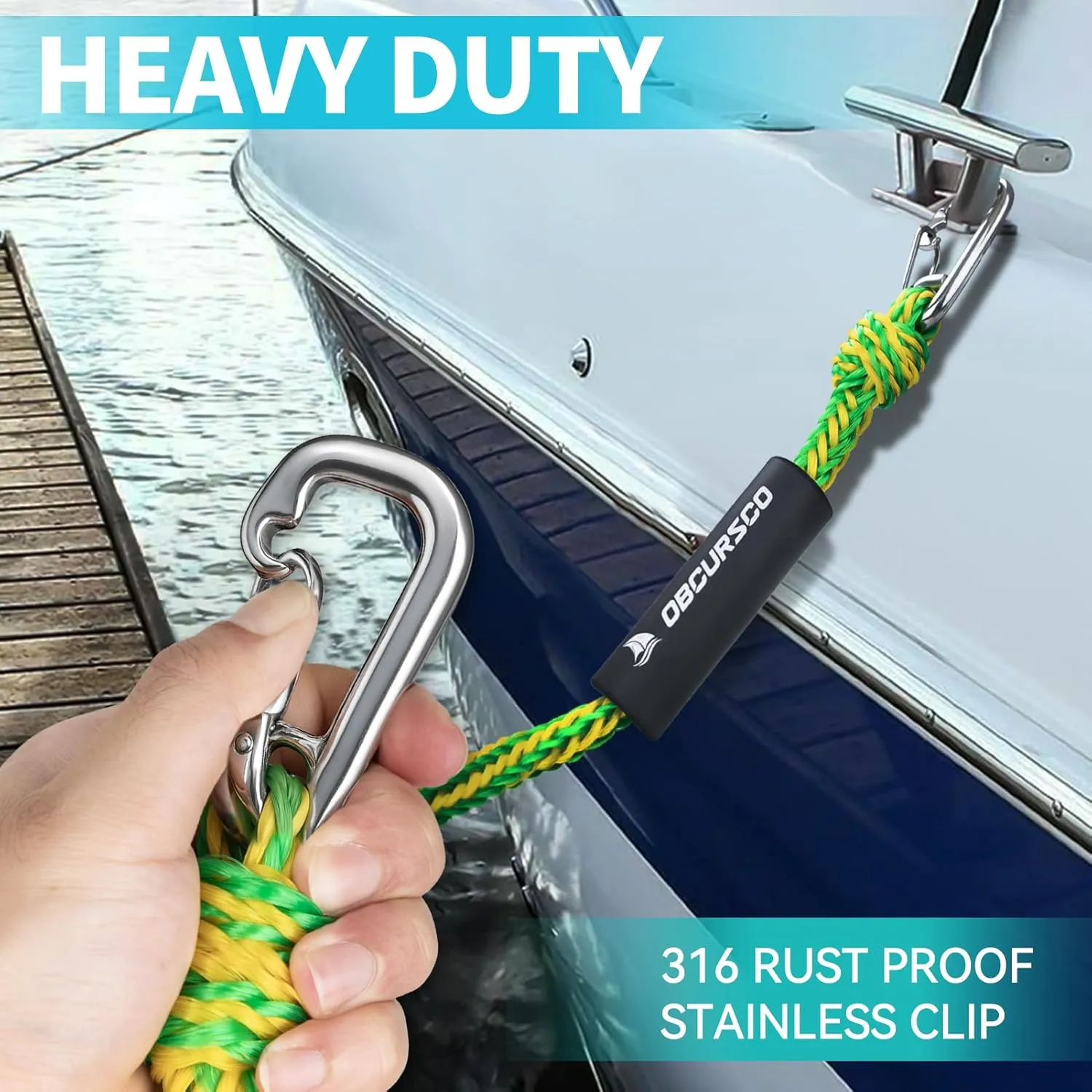 Obcursco Bungee Dock Lines for Boat, Docking Rope with 316 Stainless Steel Clips, Accessories for Jet Ski, PWC, SeaDoo, Yamaha WaveRunner, Marine, Kayak, Pontoon, Sets of Two(4ft & 6ft) (Green/Yellow)