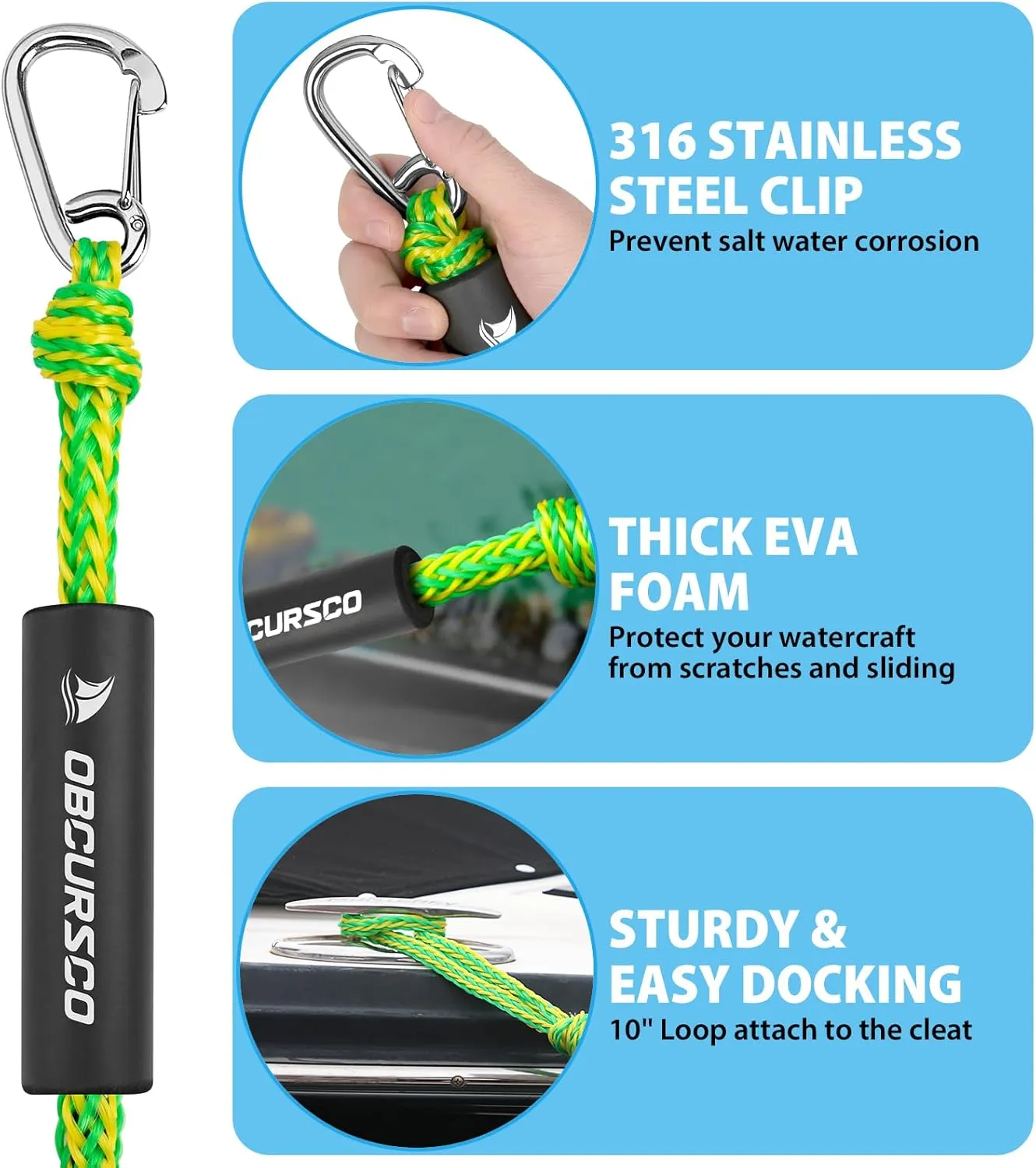 Obcursco Bungee Dock Lines for Boat, Docking Rope with 316 Stainless Steel Clips, Accessories for Jet Ski, PWC, SeaDoo, Yamaha WaveRunner, Marine, Kayak, Pontoon, Sets of Two(4ft & 6ft) (Green/Yellow)