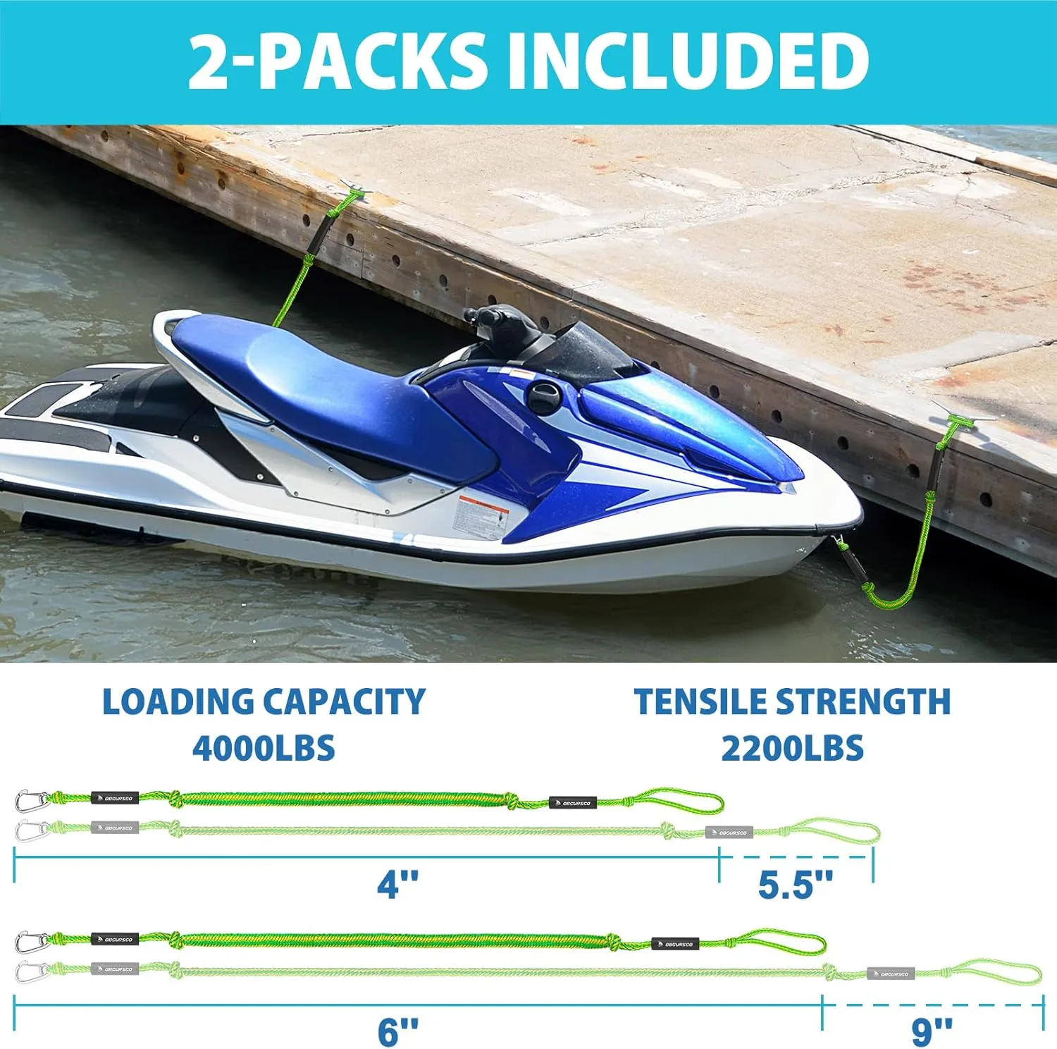 Obcursco Bungee Dock Lines for Boat, Docking Rope with 316 Stainless Steel Clips, Accessories for Jet Ski, PWC, SeaDoo, Yamaha WaveRunner, Marine, Kayak, Pontoon, Sets of Two(4ft & 6ft) (Green/Yellow)