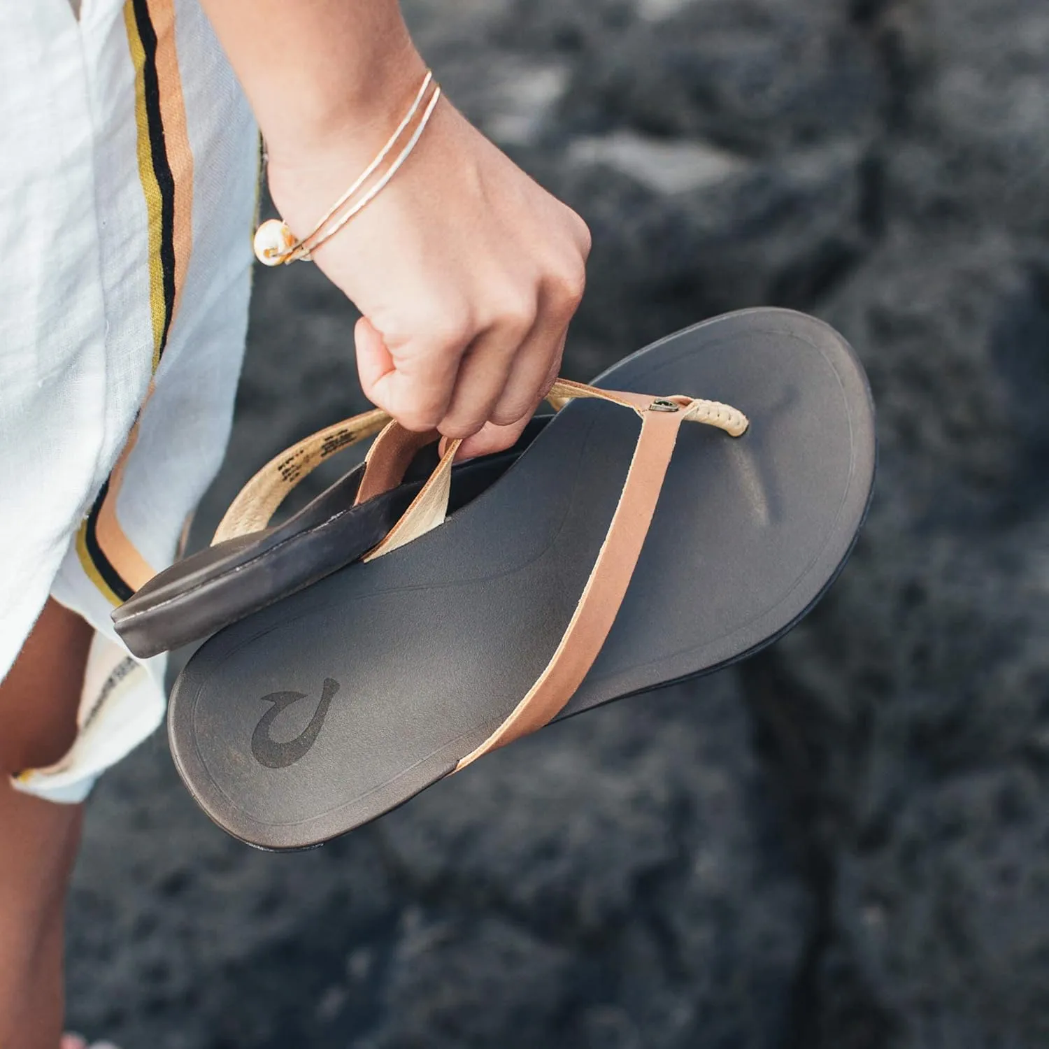 OLUKAI Ho'opio Leather Women's Beach Sandals, Full-Grain Leather Flip-Flop Slides, Modern Low Profile Design & Comfortable Fit