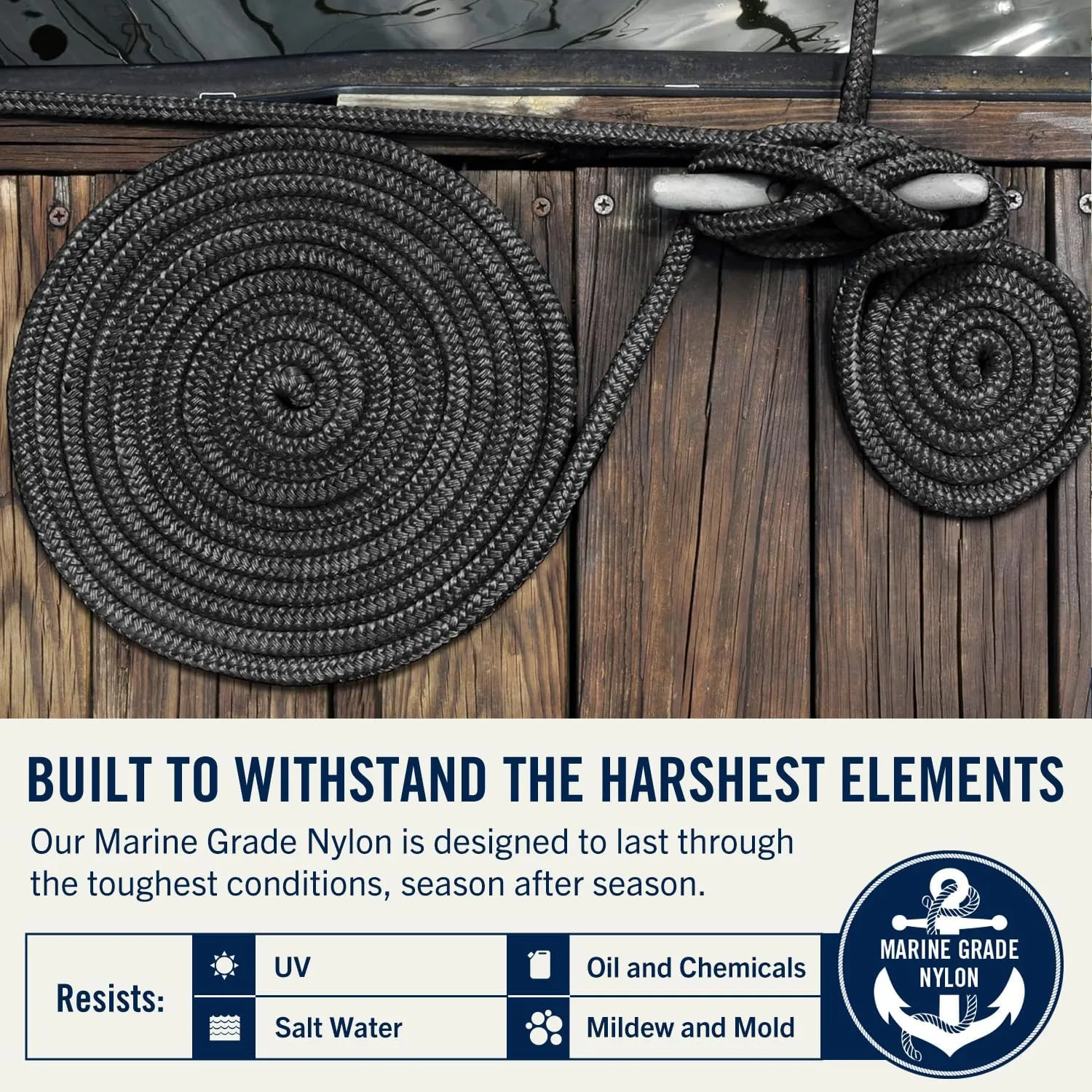 RainierSupplyCo Dock Lines - Boat Rope for Docking with Loop - 50 ft x 3/4 Inch Premium Double Braided Nylon Marine Rope - Mooring Line with 18" Eyelet - Boat Accessories - Black