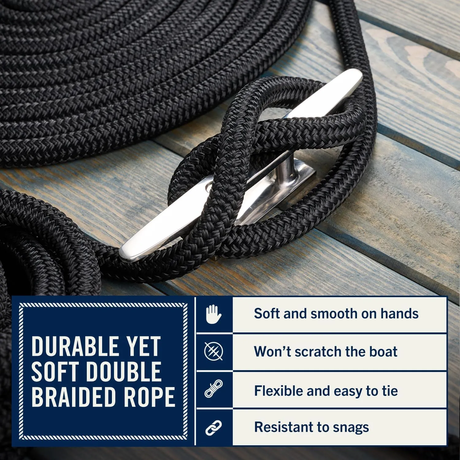 RainierSupplyCo Dock Lines - Boat Rope for Docking with Loop - 50 ft x 3/4 Inch Premium Double Braided Nylon Marine Rope - Mooring Line with 18" Eyelet - Boat Accessories - Black