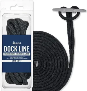 RainierSupplyCo Dock Lines - Boat Rope for Docking with Loop - 50 ft x 3/4 Inch Premium Double Braided Nylon Marine Rope - Mooring Line with 18" Eyelet - Boat Accessories - Black