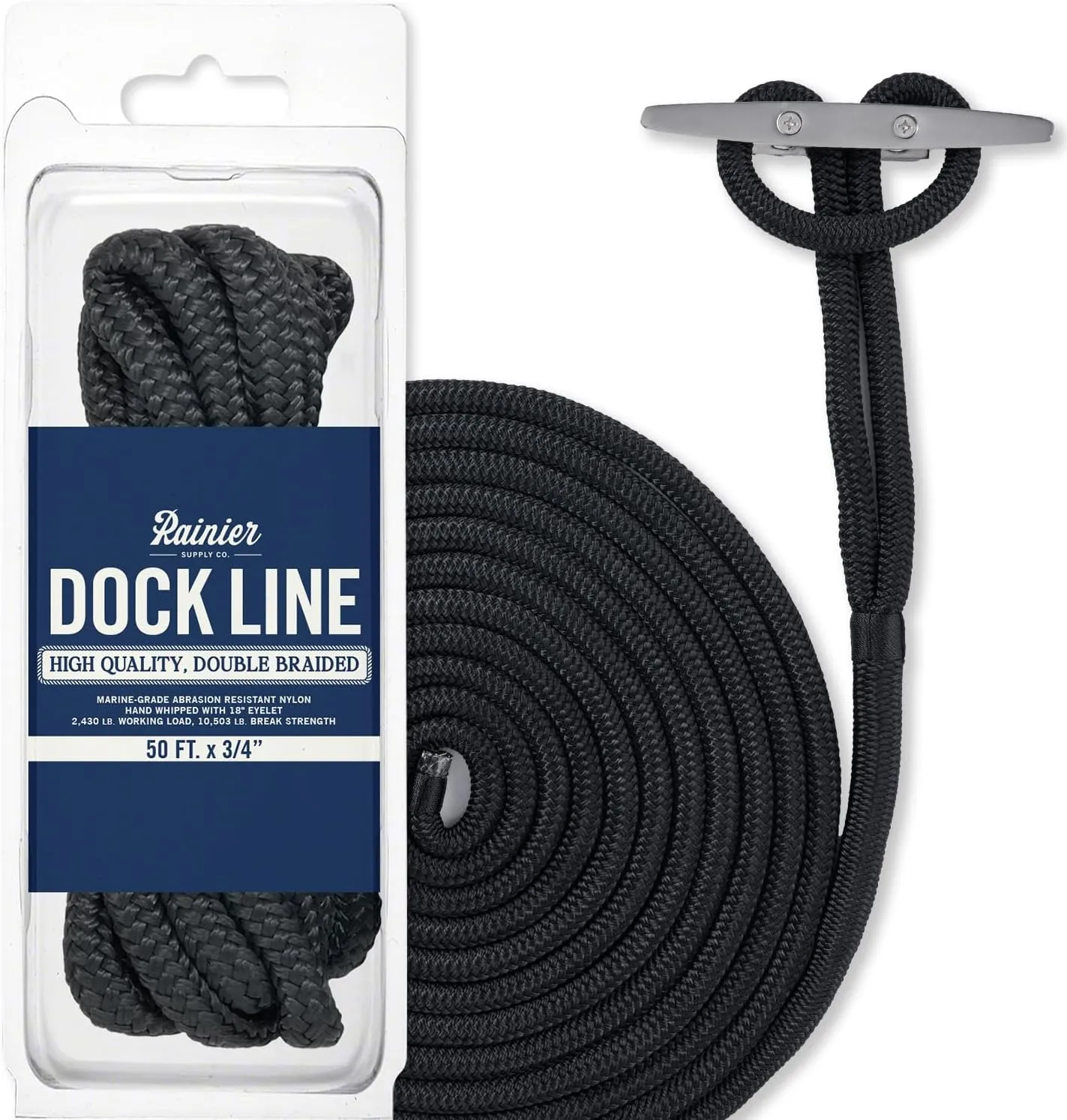 RainierSupplyCo Dock Lines - Boat Rope for Docking with Loop - 50 ft x 3/4 Inch Premium Double Braided Nylon Marine Rope - Mooring Line with 18" Eyelet - Boat Accessories - Black