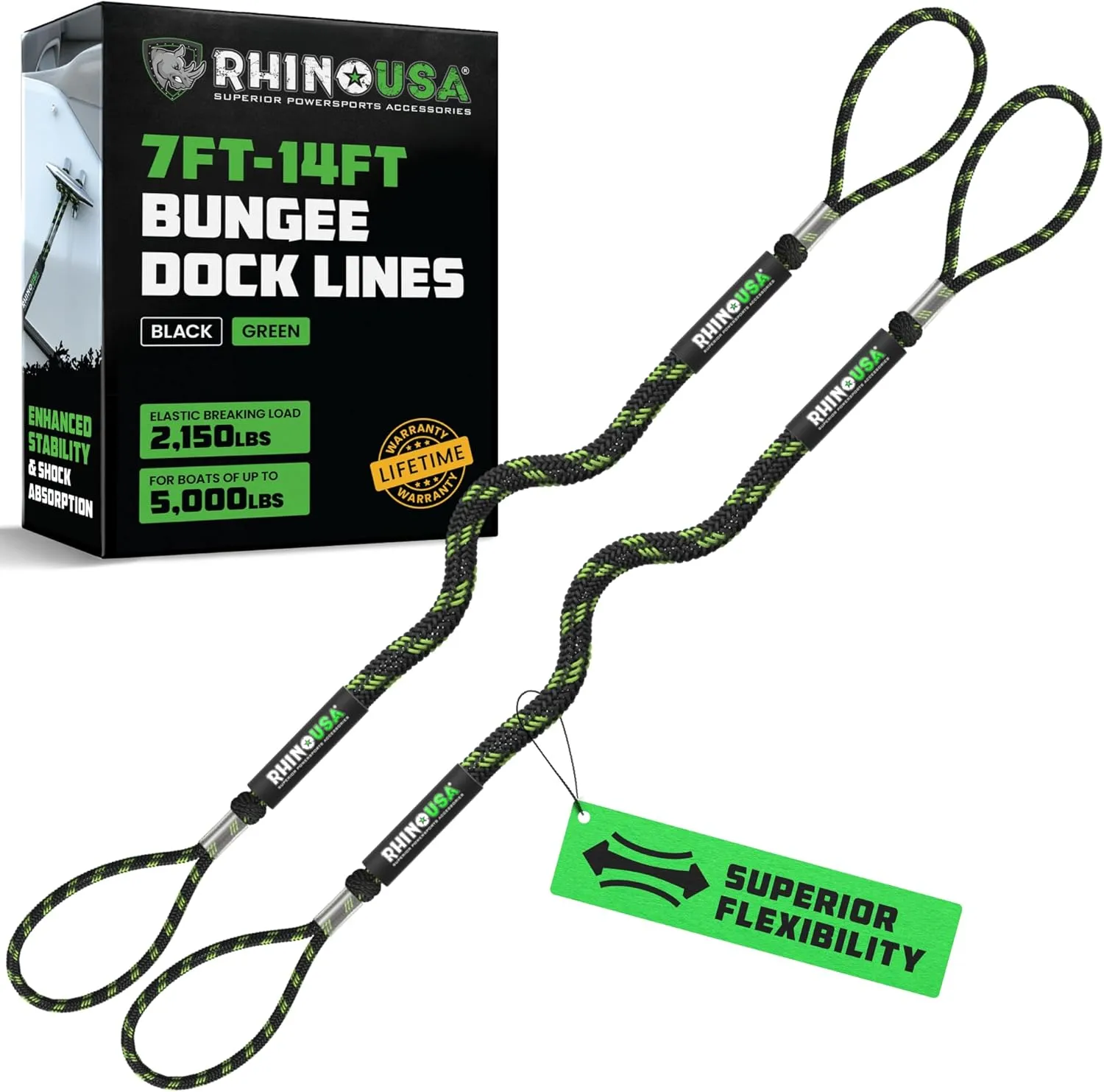 Rhino USA 7' Bungee Dock Line for Boats - Ultimate Docking Ropes for Pontoons, Cabin Cruisers, Fishing Boats and More! Perfect for Mooring or Other Wet Slip Applications - Black
