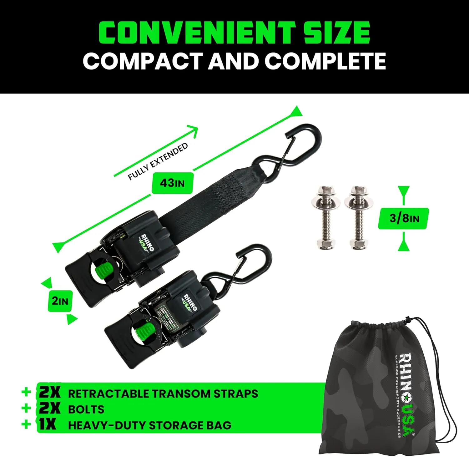 Rhino USA Retractable Boat Trailer Tie Down Straps 2PK – Durable (2in x 43in) Trailer Mount Transom Straps for Boat, Jet Ski – Powder Coated Black Steel – Fresh Water Compatible