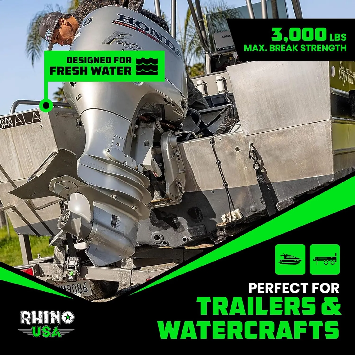 Rhino USA Retractable Boat Trailer Tie Down Straps 2PK – Durable (2in x 43in) Trailer Mount Transom Straps for Boat, Jet Ski – Powder Coated Black Steel – Fresh Water Compatible