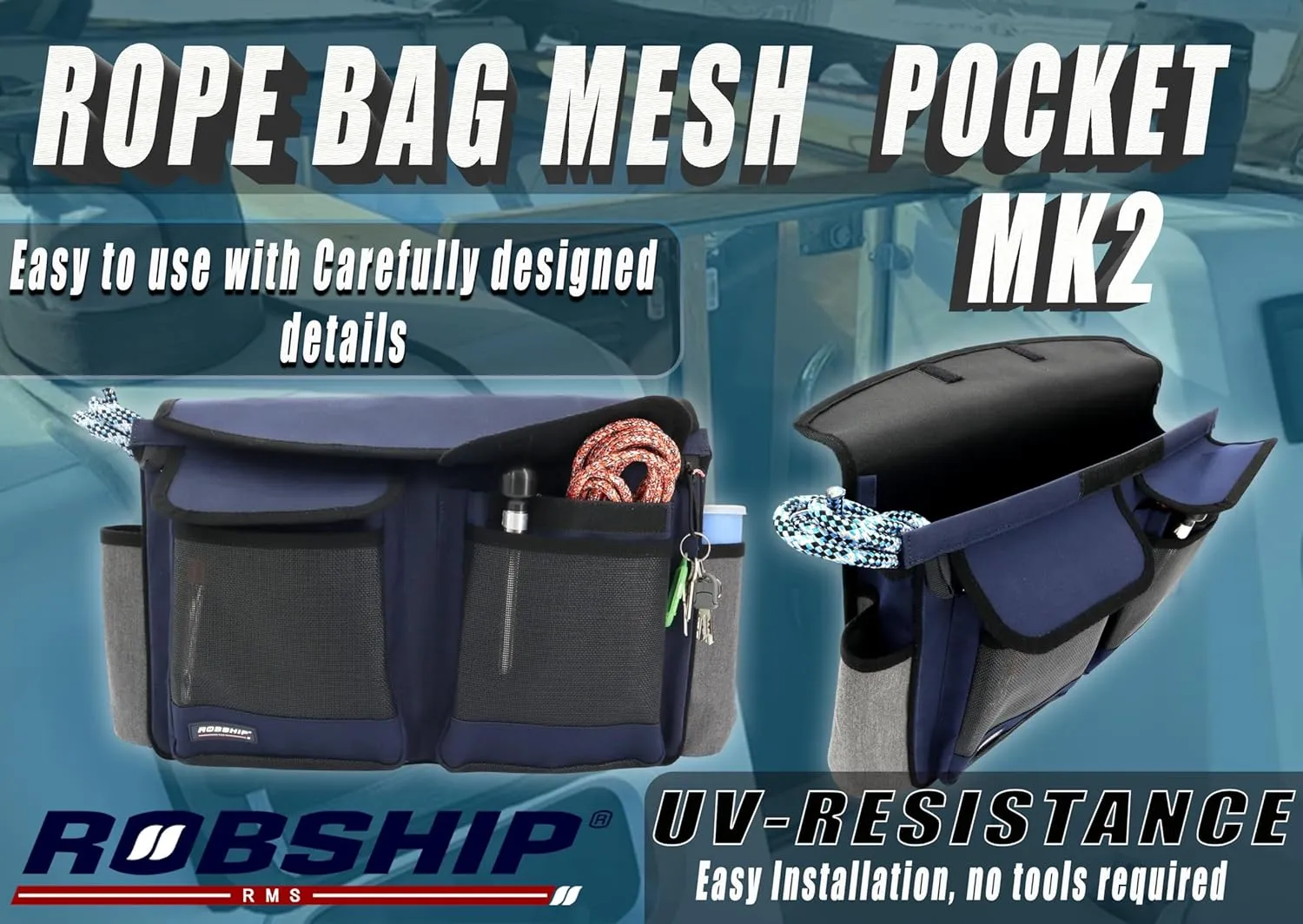 Rope Bag, Mesh Pocket, MK2, Navyline, Small - Durable Storage and Boating Solution for Ropes and Accessories