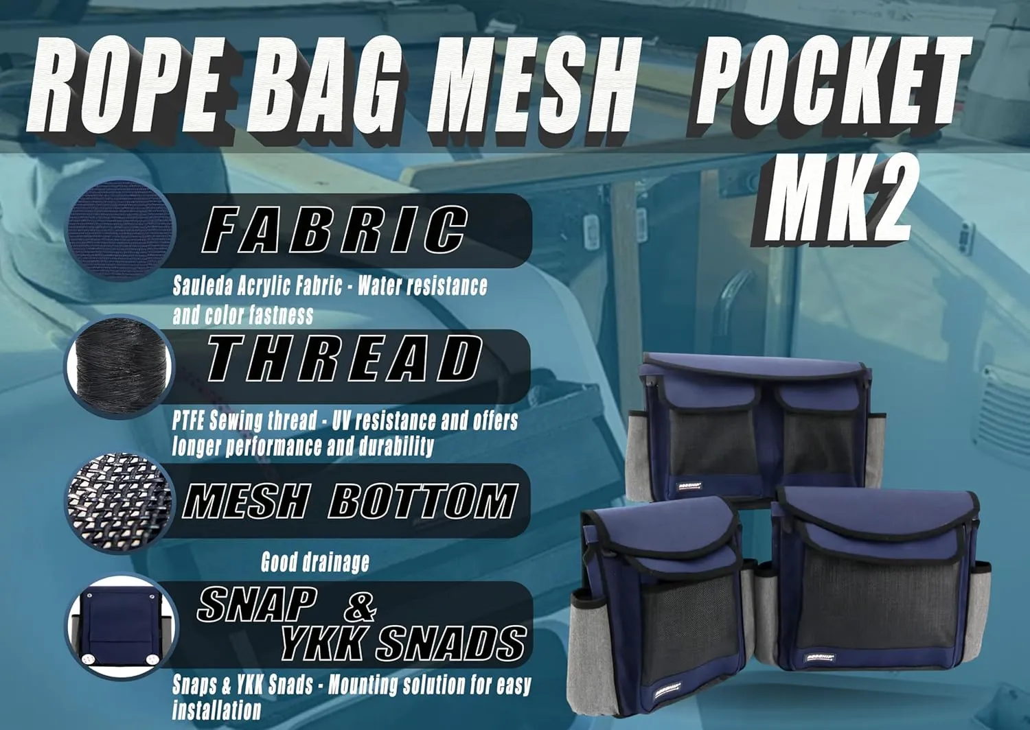 Rope Bag, Mesh Pocket, MK2, Navyline, Small - Durable Storage and Boating Solution for Ropes and Accessories