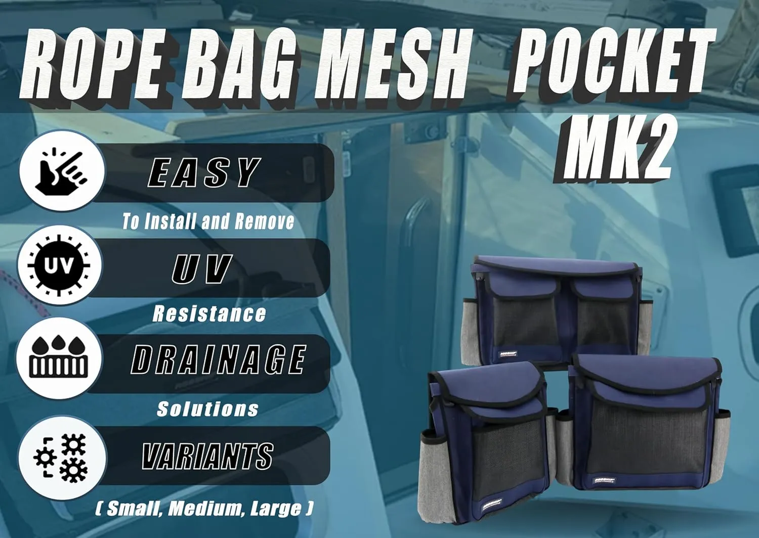 Rope Bag, Mesh Pocket, MK2, Navyline, Small - Durable Storage and Boating Solution for Ropes and Accessories