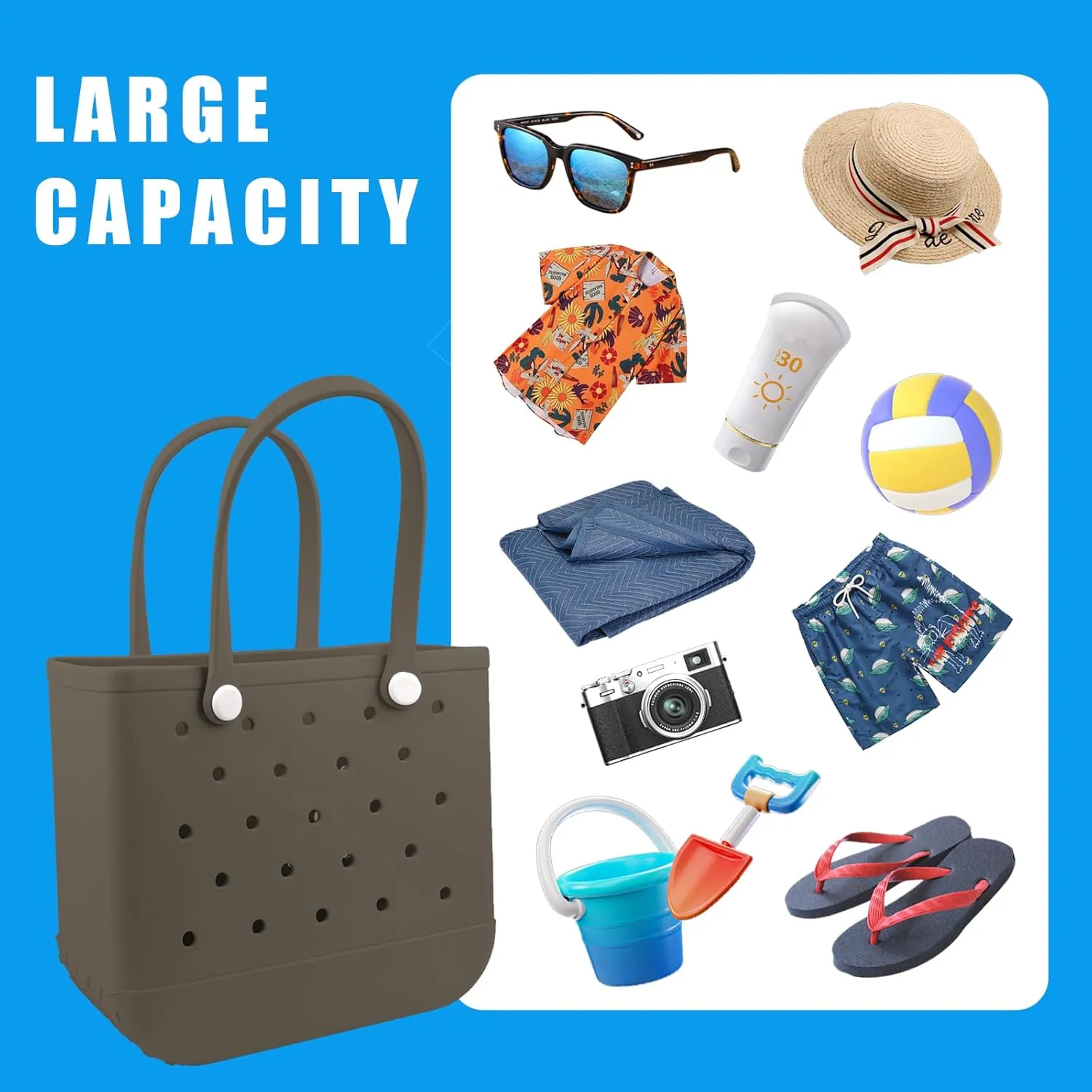 Rubber Beach Tote Bag - Waterproof Washable Durable Open Purses with Zipper Pocket and Phone Pouch for Pool Boat