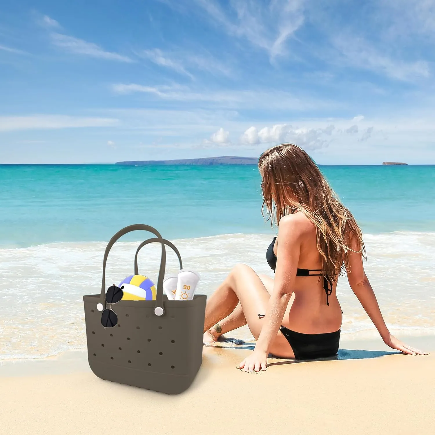Rubber Beach Tote Bag - Waterproof Washable Durable Open Purses with Zipper Pocket and Phone Pouch for Pool Boat