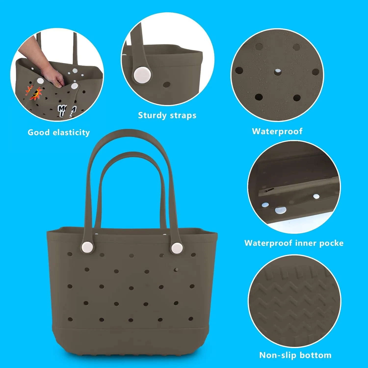 Rubber Beach Tote Bag - Waterproof Washable Durable Open Purses with Zipper Pocket and Phone Pouch for Pool Boat
