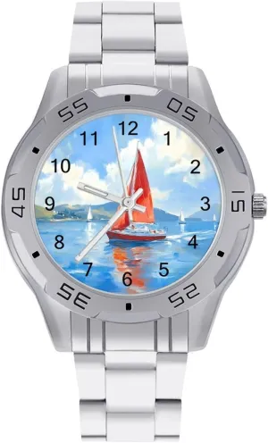 Sailboat Boat On Blue Sea Simple Wrist Watches for Men Silver Casual Big Face Dress Watch Easy to Read
