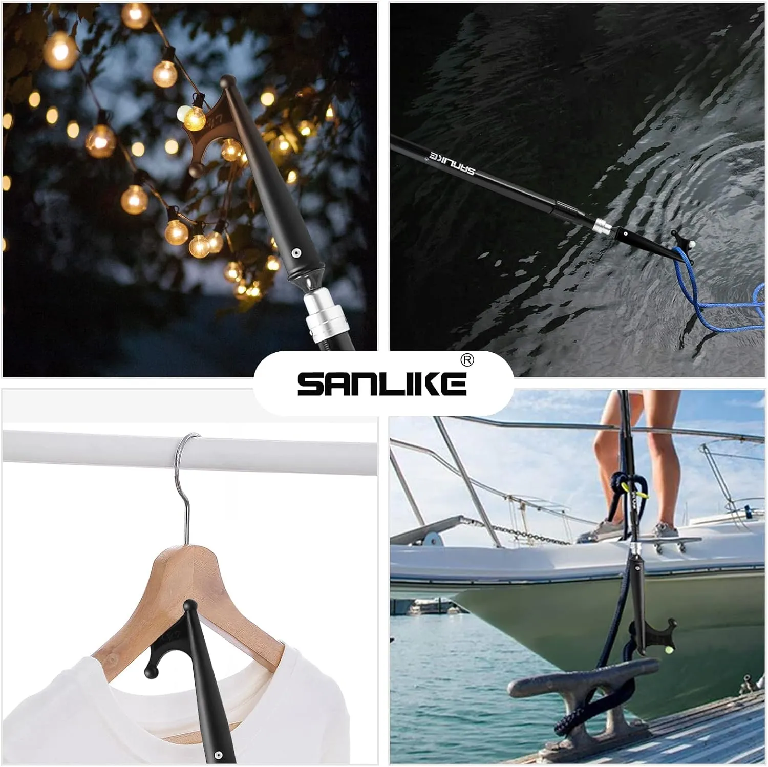 SANLIKE Boat Hooks for Docking Telescoping Extension Pole Hook with Luminous Bead, Lightweight Floating, Non-Slip Rubber Handle, Durable & Rust-Resistant