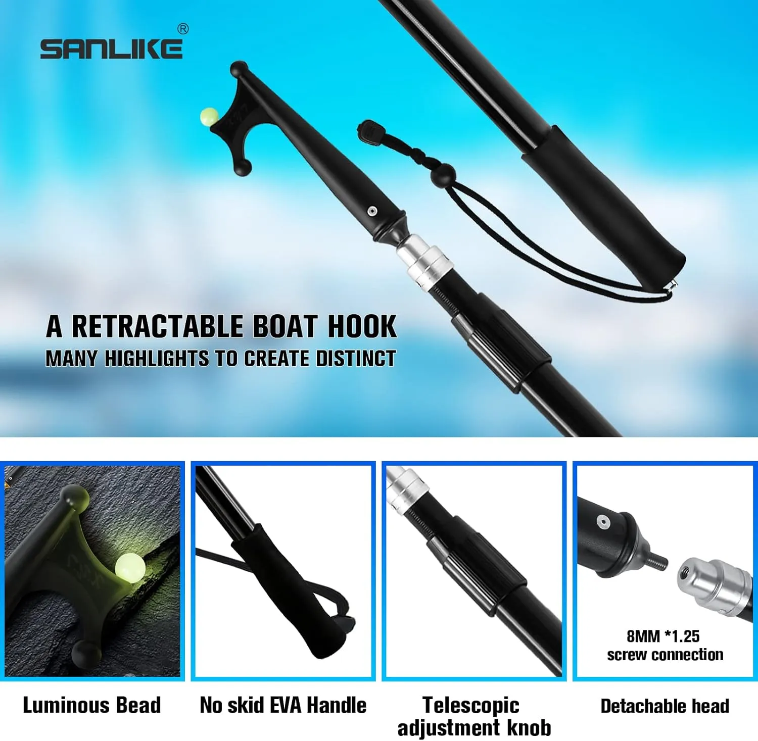 SANLIKE Boat Hooks for Docking Telescoping Extension Pole Hook with Luminous Bead, Lightweight Floating, Non-Slip Rubber Handle, Durable & Rust-Resistant