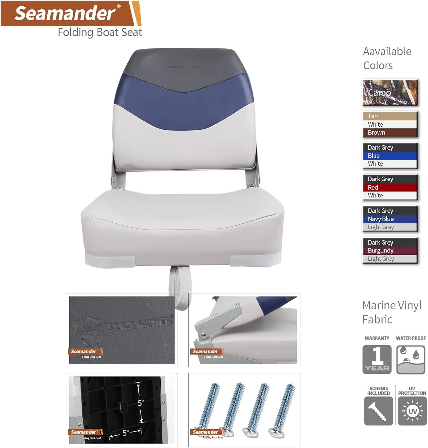 Seamander Low Back Boat Seats, Folding Boat Seats With Stainless Steel Screws,Aluminum Hinges&Padded,Fishing Boat Seat, Multiple Color Options