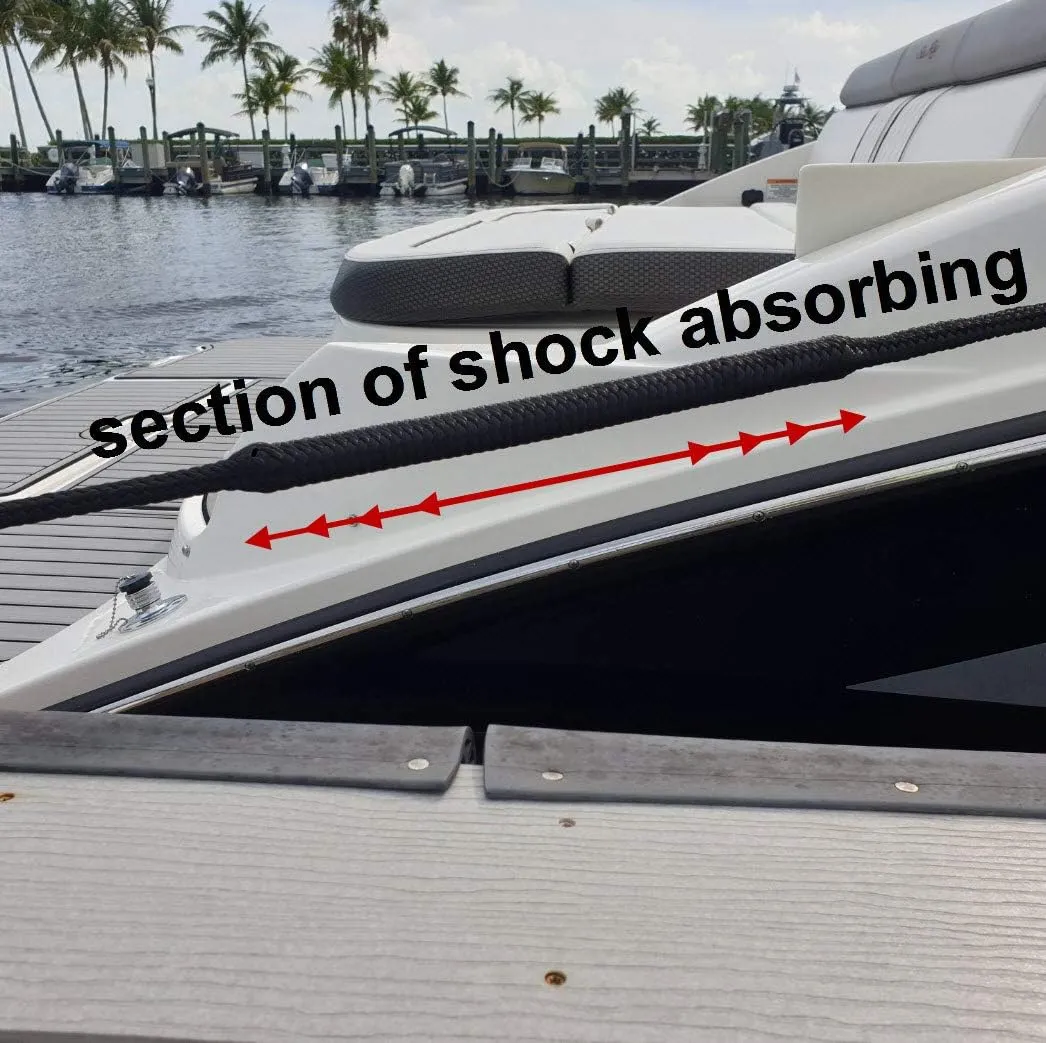 Shockline 5/8 Inch Dock Line with Integrated Shock Absorber, Double Braided, Polyester, 15, 25, 35 FT, Hand Spliced 12" Eye, Black