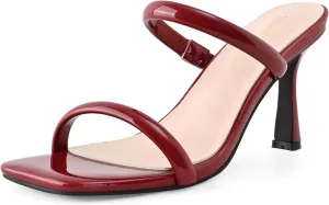 Shoe'N Tale Women's Strappy Heels Kitten Heeled Mules Two Straps Square Open Toe Slip On Sandals