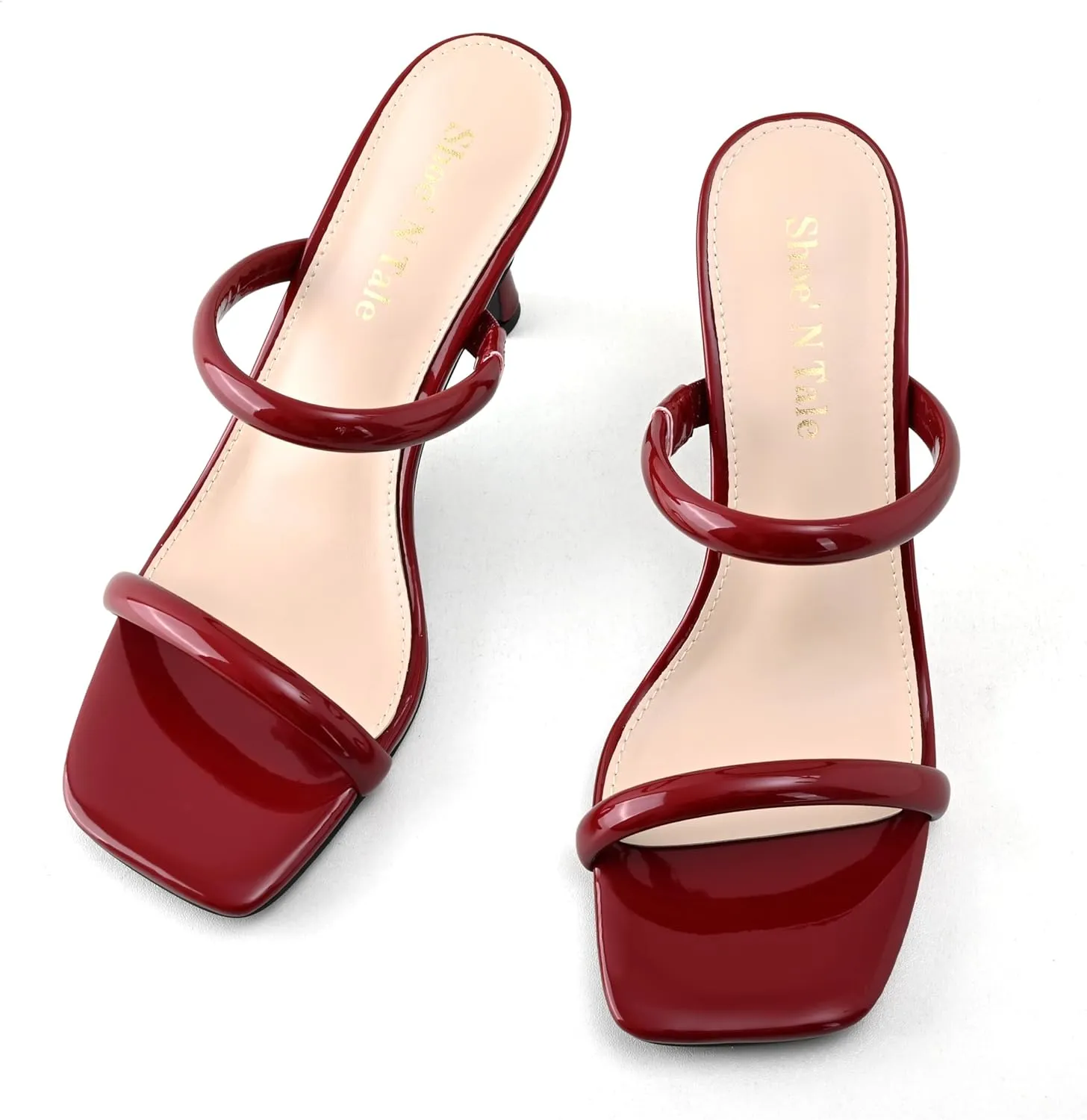 Shoe'N Tale Women's Strappy Heels Kitten Heeled Mules Two Straps Square Open Toe Slip On Sandals