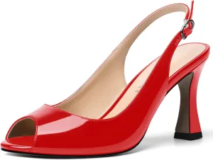SKYSTERRY Womens Buckle Solid Wedding Peep Toe Patent Cute Slingback Spool High Heel Pumps Shoes 3.3 Inch