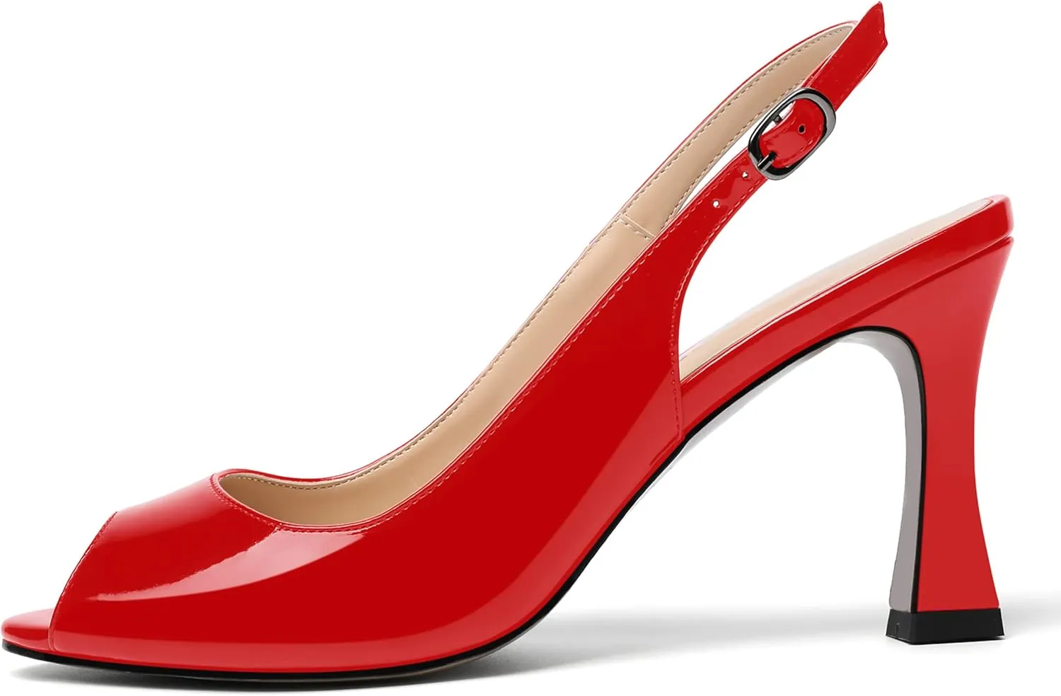 SKYSTERRY Womens Buckle Solid Wedding Peep Toe Patent Cute Slingback Spool High Heel Pumps Shoes 3.3 Inch