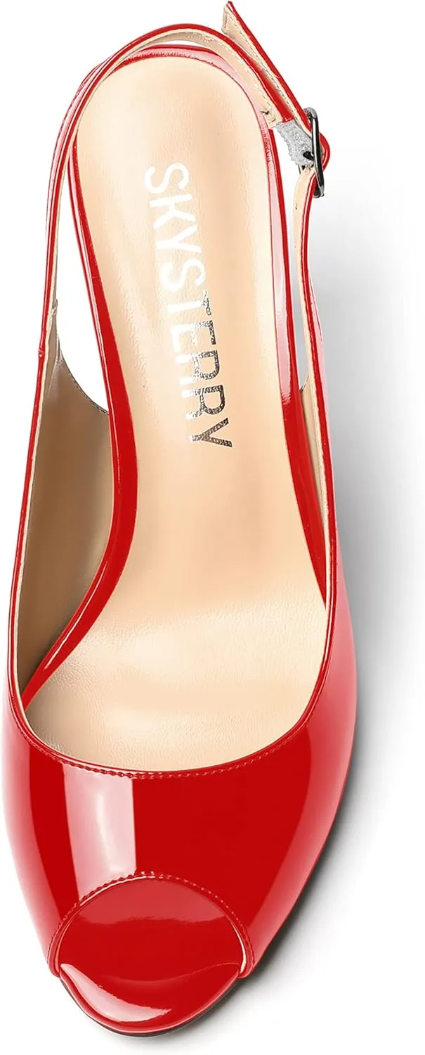 SKYSTERRY Womens Buckle Solid Wedding Peep Toe Patent Cute Slingback Spool High Heel Pumps Shoes 3.3 Inch
