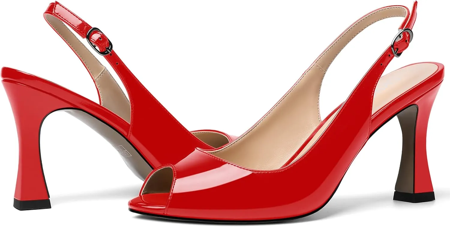 SKYSTERRY Womens Buckle Solid Wedding Peep Toe Patent Cute Slingback Spool High Heel Pumps Shoes 3.3 Inch