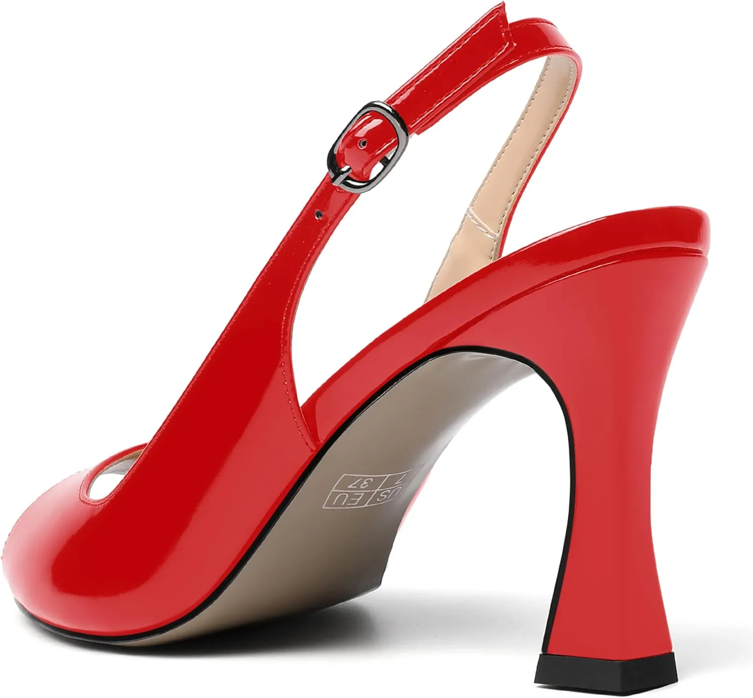 SKYSTERRY Womens Buckle Solid Wedding Peep Toe Patent Cute Slingback Spool High Heel Pumps Shoes 3.3 Inch