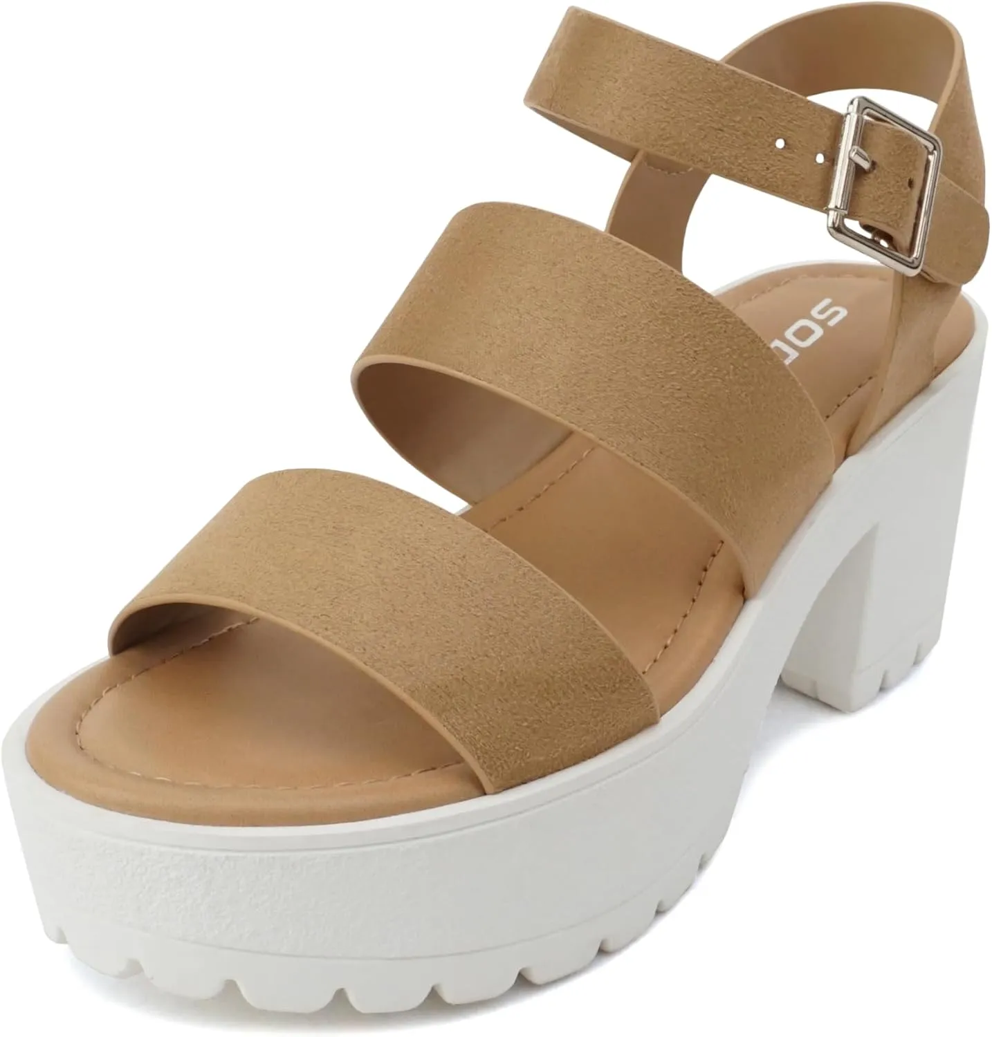 Soda ACCOUNT ~ Women Open Toe Two Bands Lug sole Fashion Block Heel Sandals with Adjustable Ankle Strap