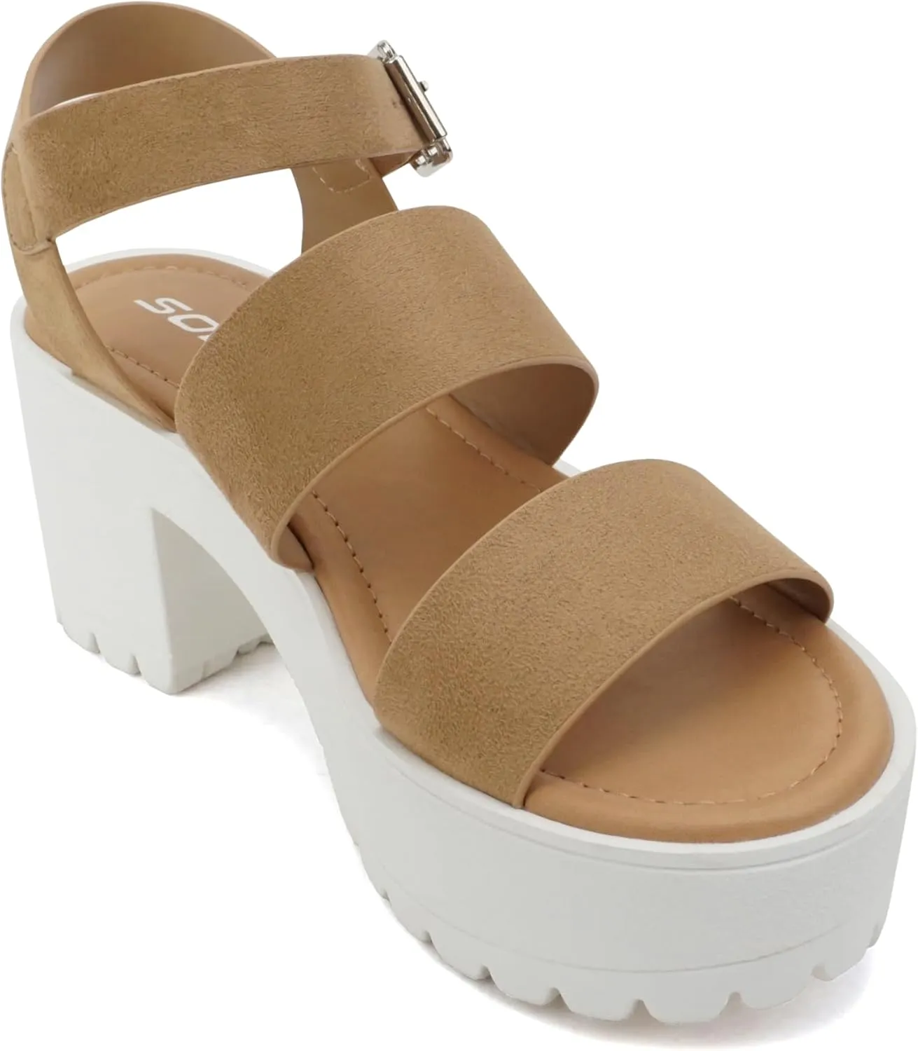 Soda ACCOUNT ~ Women Open Toe Two Bands Lug sole Fashion Block Heel Sandals with Adjustable Ankle Strap