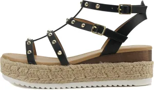 Soda SOMEHOW ~ Women Open Toe Espadrille Wrap Flatform with Round Stud Fisherman Upper Adjustable Buckles Fashion Wedge Sandals