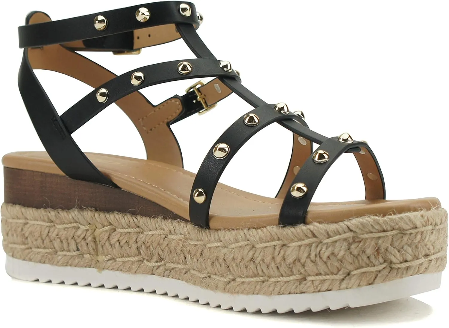 Soda SOMEHOW ~ Women Open Toe Espadrille Wrap Flatform with Round Stud Fisherman Upper Adjustable Buckles Fashion Wedge Sandals