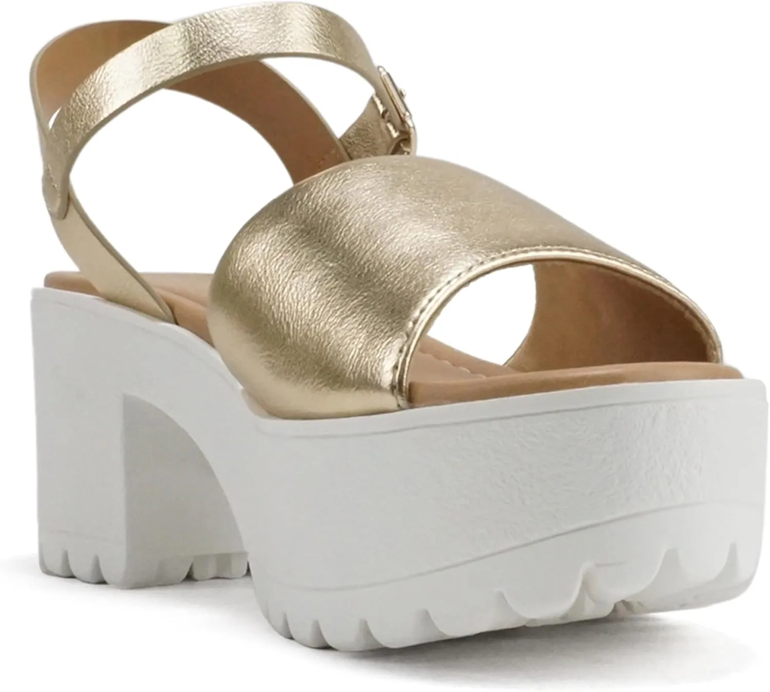Soda “Stacie” ~ Women Open Toe Lug Sole Mid Block Heeled Sandals with Adjustable Ankle Strap