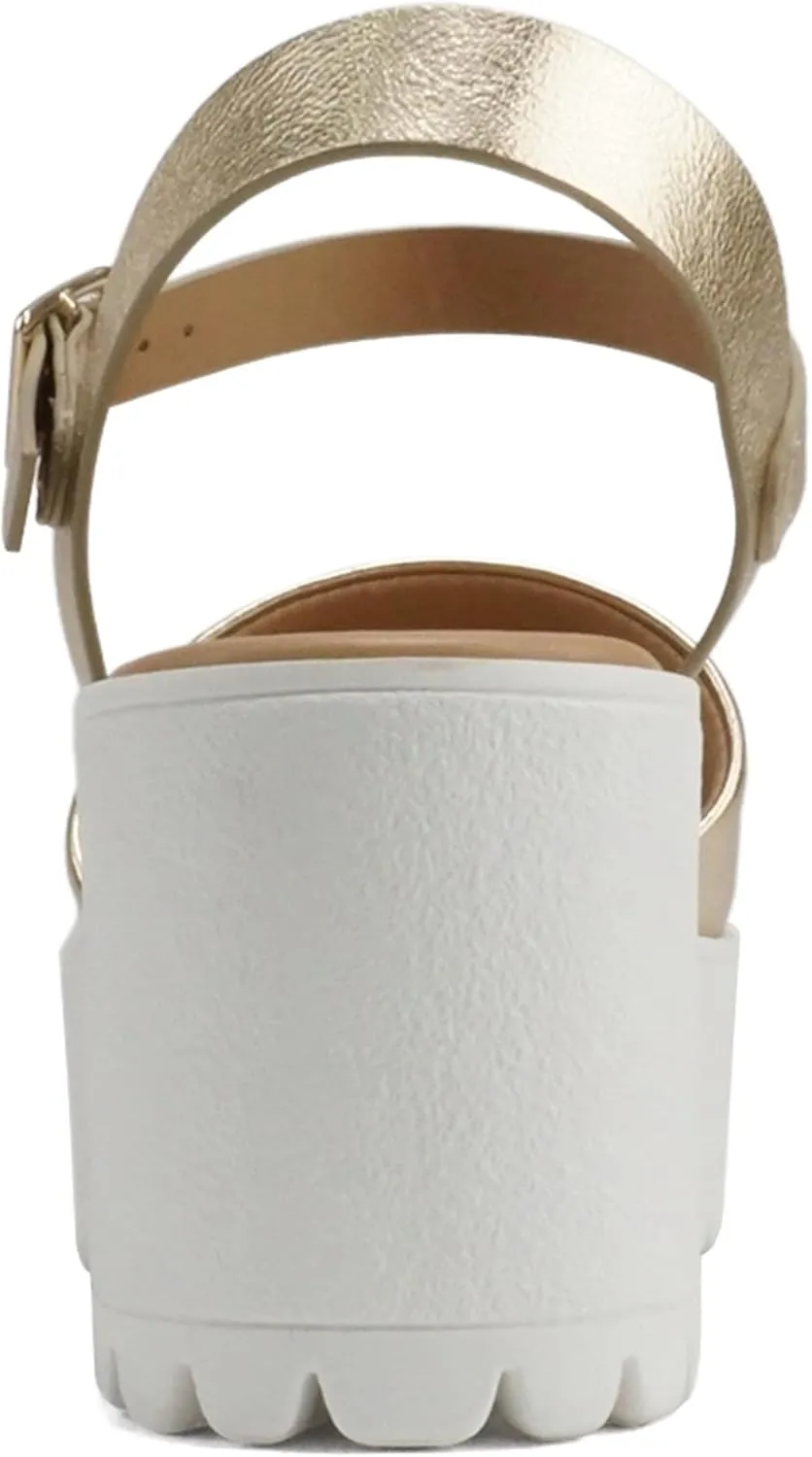Soda “Stacie” ~ Women Open Toe Lug Sole Mid Block Heeled Sandals with Adjustable Ankle Strap
