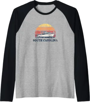 South Carolina SC Vintage Boating 70s Retro Boat Design Raglan Baseball Tee