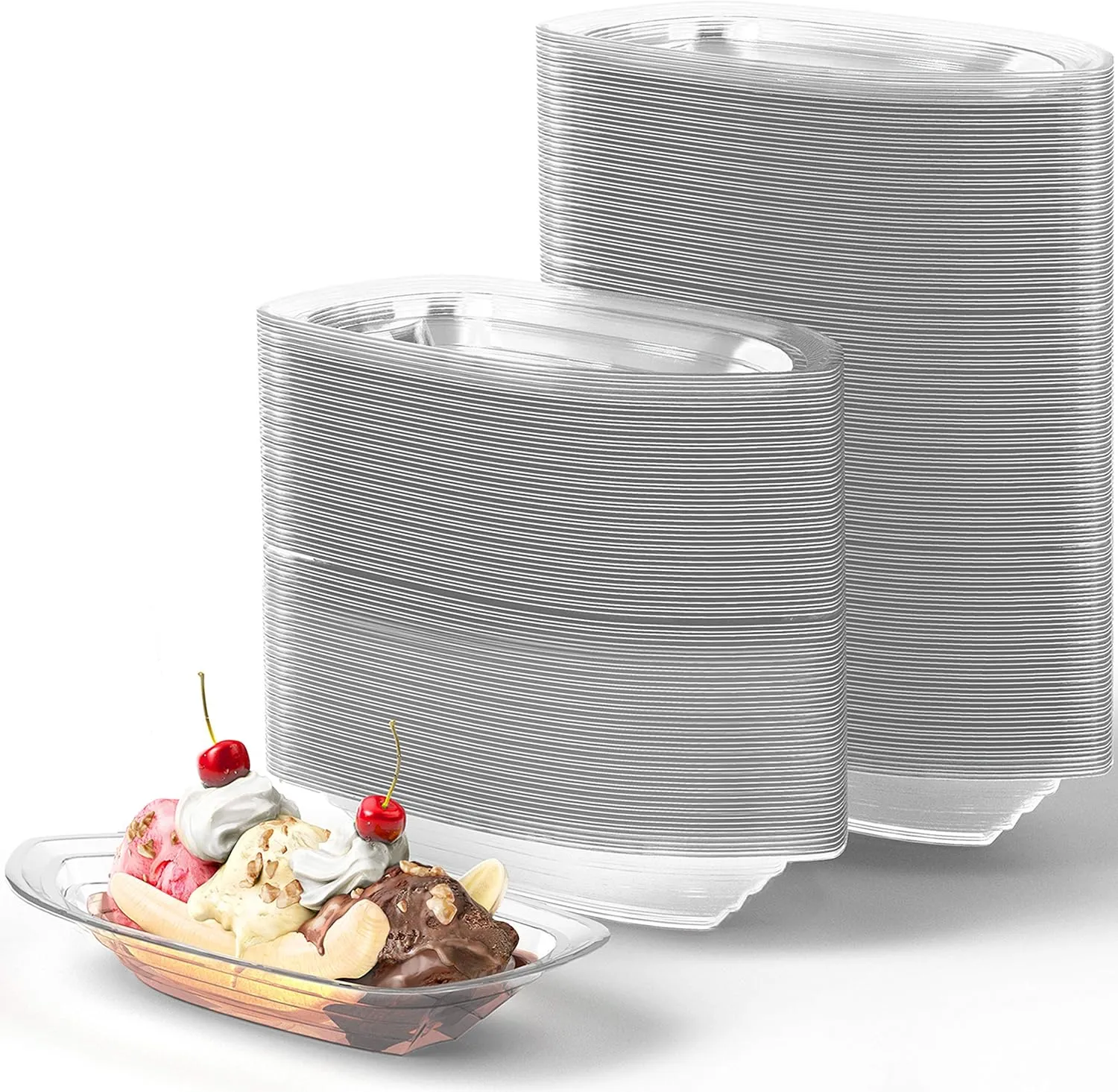 Super Fun, Recyclable Banana Split Boats 250 Pack. Best Long, 12 Oz Disposable Ice Cream Sundae Bowls. Perfect Plastic Sunday Cups for a Social or Kids Birthday Party. Great Clear Boat for Carnivals.