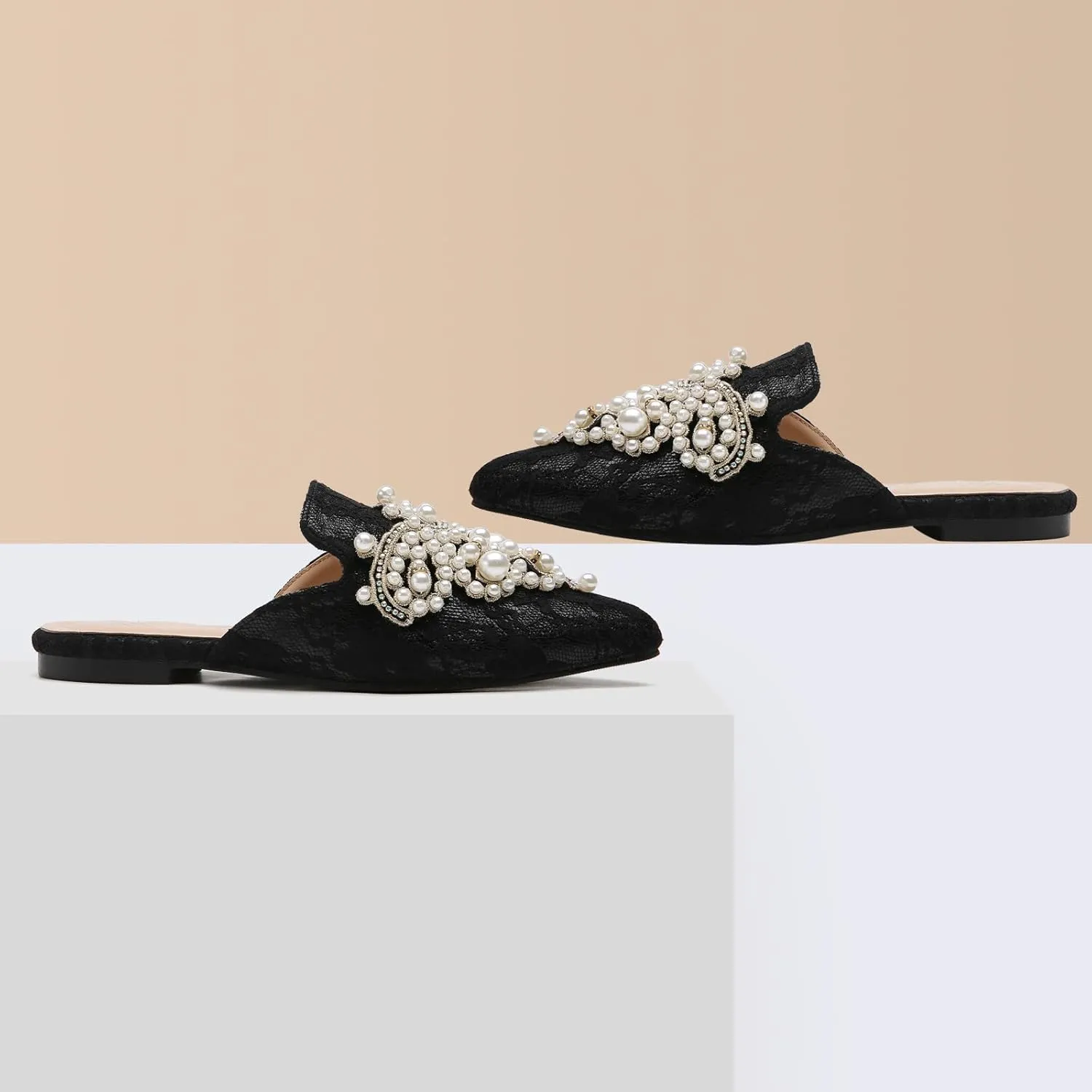 Tilocow Pearl Decor Mules for Women Flats Pointed Toe Backless Flat Slip On Slides Women's Mule Shoes