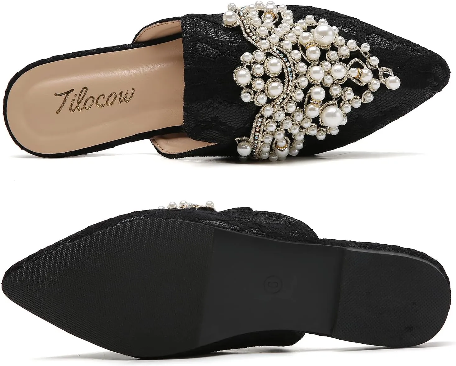Tilocow Pearl Decor Mules for Women Flats Pointed Toe Backless Flat Slip On Slides Women's Mule Shoes